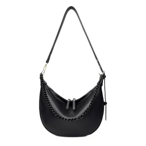 Schwarze Damen Halbmond Schultertasche aus Leder, elegante Hobo Crossover Tasche.