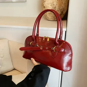 Koreanischer Stil Vintage PU Leder Damen Umhängetasche Einfarbig Elegante Baguette Tasche Tägliche Casual Handtasche
