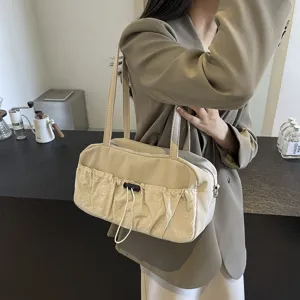 Damen Mode Plissiert Kordelzug Umhängetasche Lässig Pendler Unterarmtasche Segeltuch Kissentasche Tägliche Handtasche