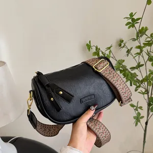 Damen Freizeit schwarze Umhaengetasche Vintage Retro Achseltasche mit gewebtem Gurt