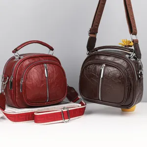 Mehrschichtige weiche Damen-Umhängetasche aus Leder, stylische lässige Crossbody-Tasche.
