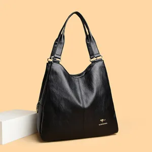 Schwarze PU Leder Schultertasche für Damen, vintage große Hobo Tasche elegante Handtasche.