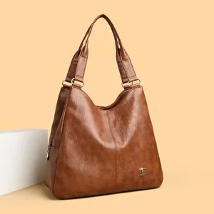 Damen retro braune PU Leder Umhängetasche große Kapazität tägliche Shopper Tasche Handtasche