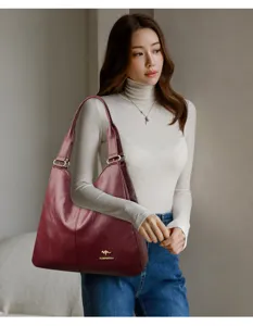 Modische weinrote PU Leder Damen Schultertasche, große Kapazität Hobo Tasche mit Griff.