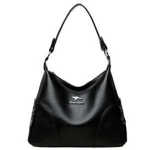Schwarze weiche Ledertasche für Damen, große Schultertasche mit Reißverschluss und Henkel.