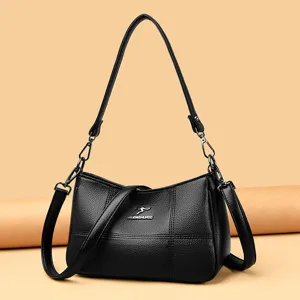 Schwarze weiche Ledertasche für Damen, vielseitige Umhängetasche mit großem Fassungsvermögen.