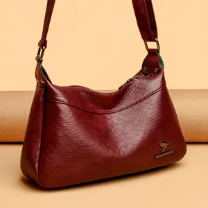 Dunkelrote Damen Umhängetasche aus Leder lässige Handtasche elegante Beuteltasche neu
