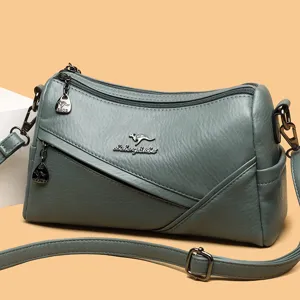 Weiche Damen Umhängetasche aus Leder mit mehreren Reißverschlüssen und grauem Finish.