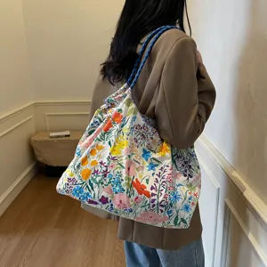 Blumenmuster Segeltuch Schultertasche lässige tägliche große Kapazität Kordelzug Handtasche