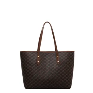Klassische braune Monogramm-Tragetasche für Damen, große stilvolle Pendler-Schultertasche.