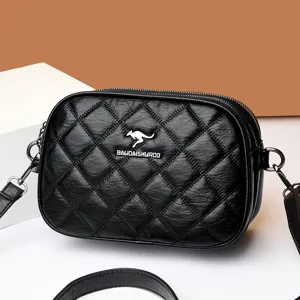 Schwarze Leder Stepptasche, stilvolle Karo Umhängetasche mit Reißverschluss für Damen.