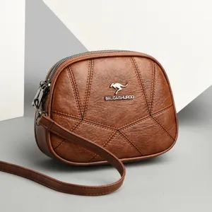 Braune Leder Umhängetasche Damen kleine runde Schultertasche mehrlagige Handtasche Retro