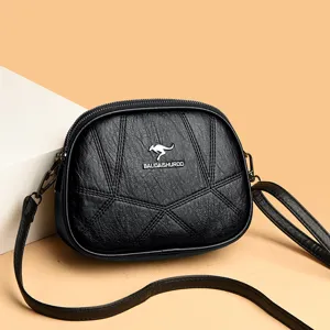 Schwarze Patchwork Damen Umhängetasche kleine runde Tasche Mehrschicht Detail Ansicht Neu.