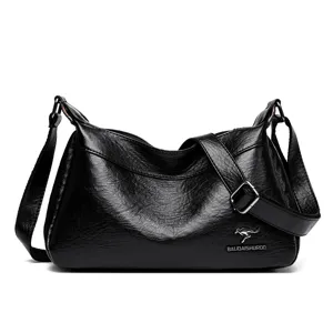 Schwarze Leder-Umhängetasche für Damen, große Crossbody-Tasche mit verstellbarem Gurt.