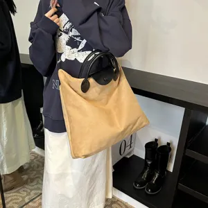Damen Kord Tote Tasche Große Kapazität Lässige Umhängetasche Vintage Retro Pendler Handtasche Einfarbig Reißverschluss