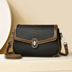 Damen Mode Oberste Schicht Rindsleder Umhängetasche Krokodilmuster Kontrastfarbe Schlossverschluss Lässige Handtasche