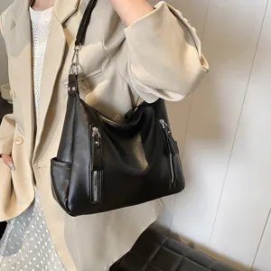 Schwarze lässige Umhängetasche für Damen, große Kapazität stylische Handtasche.