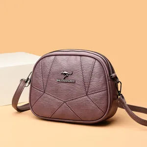 Damen lila Leder Umhängetasche mehrlagige kleine runde Schultertasche mit geometrischer Steppung