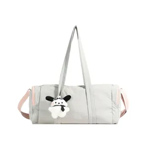 Große graue Sport Yoga Tasche Fitness Reisetasche mit süßem Welpen Anhänger und rosa Trägern