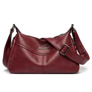 Weinrote weiche Leder Damen Umhängetasche, große Kapazität modische elegante Freizeittasche.