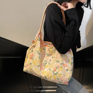 Koreanischer Stil Sommer Große Kapazität Handtasche Umhängetasche Kordelzug Einkauftasche Frische Blumen Tote Tasche