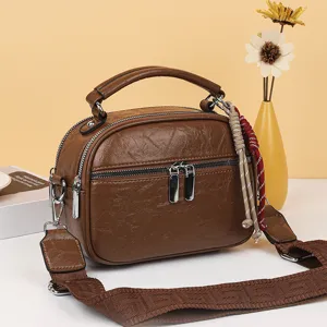 Damen Retro PU Leder Umhängetasche Mehrstöckiger Reißverschluss Schultertasche Kleine Quadratische Handtasche Mit Breitem Gurt