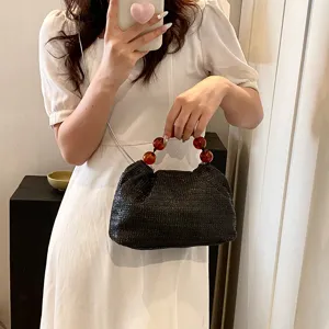 Damen Sommer lässige gewebte Stroh Handtasche mit Bernstein Perle Griff schwarze Tasche
