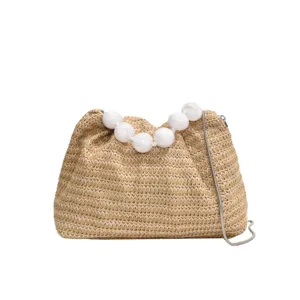 Damen Sommer Freizeit Stroh gewebte Umhaengetasche trendige Perlen Griff Shopper Handtasche