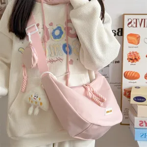 Lässige rosa Canvas Umhängetasche für Damen, große Kapazität, Dumpling Schultertasche.