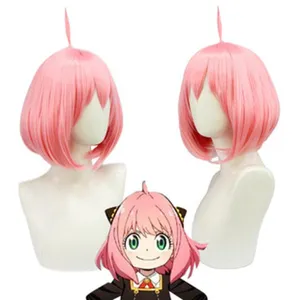 Roze anime cosplay pruik met ahoge korte bob synthetisch haar voor verkleedfeest.