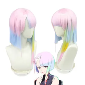 Cyberpunk Edgerunners Lucy cosplay pruik kort roze blauw geel synthetisch haar.