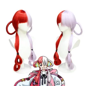 Gedetailleerd overzicht van de anime cosplay pruik met rood en lichtpaars lang gevlochten haar.