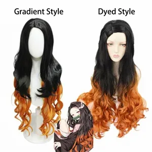 Cosplay lange krullende verloop pruik zwart oranje anime karakter haarstuk feest.