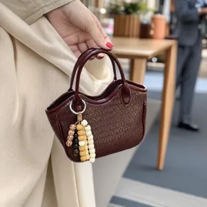 Damen Gewebte Eimer-Tasche PU Leder Pendler Handtasche Retro Kleine Tote Bag Lässige Umhängetasche