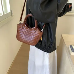 Braune geflochtene Leder Handtasche Vintage Umhängetasche Schultertasche für Damen chic