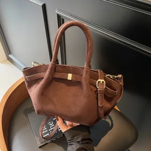 Braune Wildleder Retro Handtasche Damen Herbst Winter Schicke Tote Umhängetasche Neu