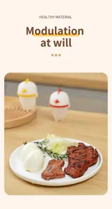 Detail view of cute cartoon chicken shaped silicone egg boiler cup for kitchen cooking use.