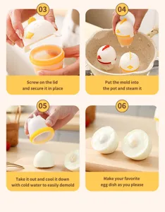 Silicone egg boiler cup detail showing step-by-step usage guide with cute chick shape design.