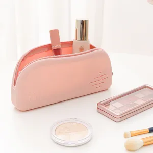 Pink silicone cosmetic bag portable travel makeup pouch waterproof toiletry storage organizer