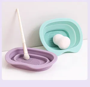 Foldable silicone makeup brush cleaning bowl and beauty sponge pad for effortless daily tool washing.