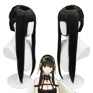 Zwarte lange cosplay pruik met pony en lokken, anime haarstijl voor geweldig feest.