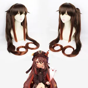 Bruine cosplay pruik met lange staarten en krullen voor een anime karakter styling.