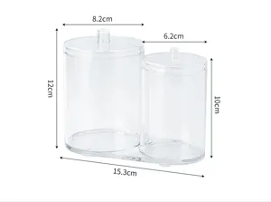 Transparenter Acryl Doppelbehälter für Wattepads Kosmetik Organizer mit Maßdetails.