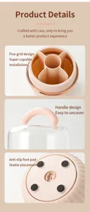 Rotating cosmetic brush storage box features five grids, dustproof cover and anti-slip feet.