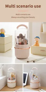 Rotating makeup brush storage box with dustproof cover and handle for vanity desk.
