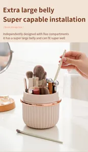 Rotating makeup brush holder with five compartments for neat desktop cosmetic storage.