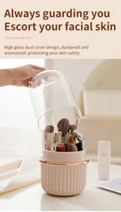 Detail view of rotating makeup brush storage box with transparent dustproof cover on vanity.