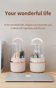 Makeup brush storage box detail showcasing dustproof transparent cover and rotating grid design.