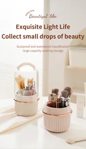 Rotating makeup brush holder with dustproof cover, large capacity cosmetic storage organizer.