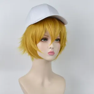 Cosplay golden short hair wig with white cap for anime fans, perfect styling for events.